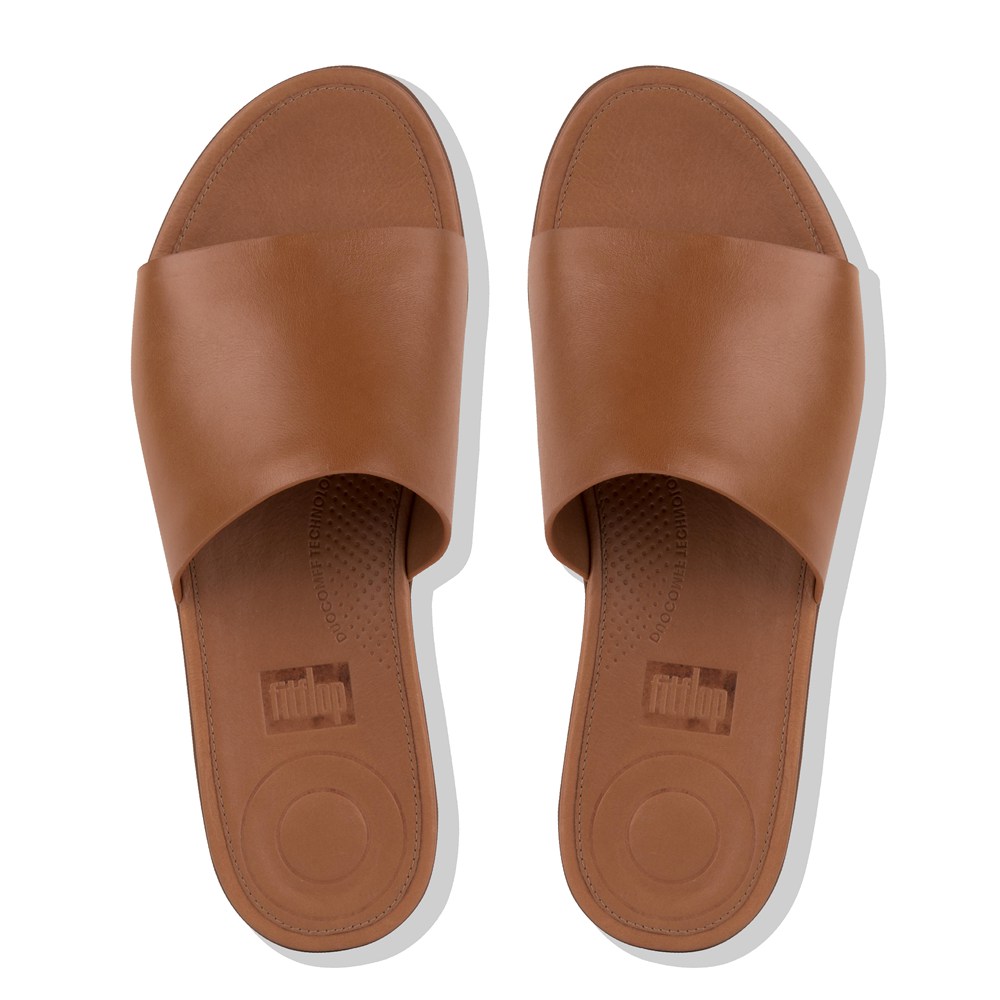 Fitflop Womens Slides Brown - Sola Leather - 62KEJDRNW